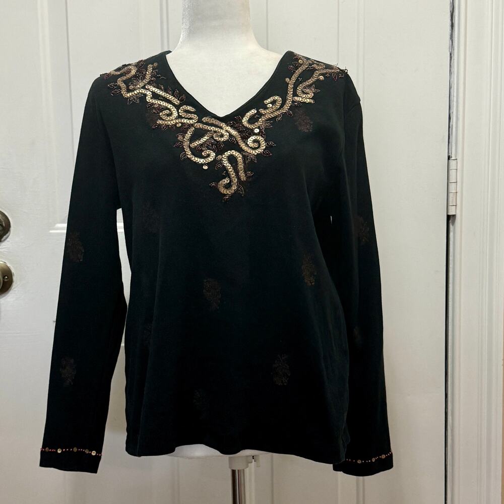 Chico’s long sleeved cotton womens top embroidery and gold sequins Size 2